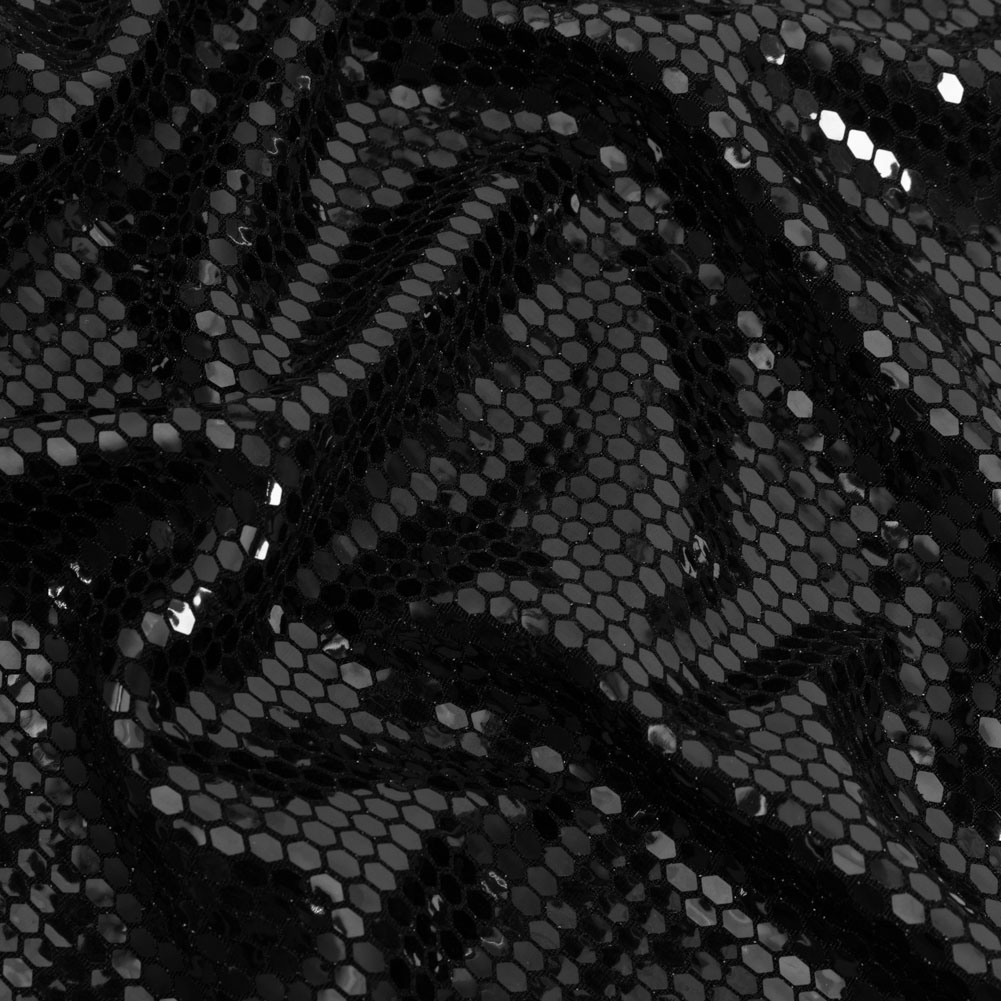Black and Black Hexagons Foiled Stretch Nylon Knit Black and Black Hexagons Foiled Stretch Nylon Knit