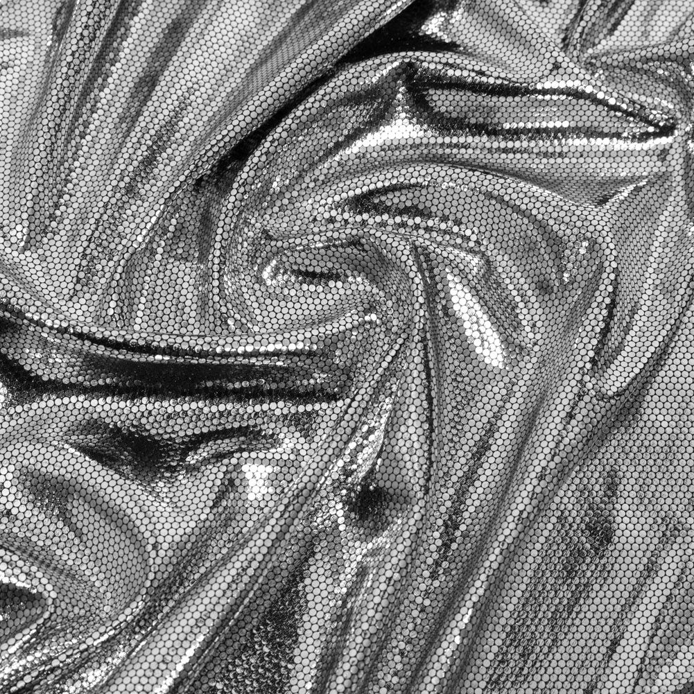 Silver Dense Polka Dots Foiled Stretch Polyester Knit Silver Dense Polka Dots Foiled Stretch Polyester Knit