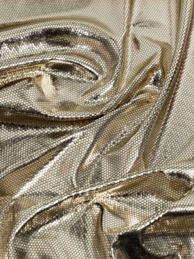 White Gold Dense Polka Dots Foiled Stretch Polyester Knit White Gold Dense Polka Dots Foiled Stretch Polyester Knit