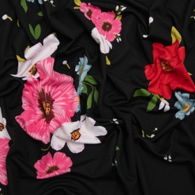 Stretch Polyester Jersey – Black, Red, and Pink Floral Stretch Polyester Jersey – Black, Red, and Pink Floral