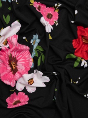Stretch Polyester Jersey – Black, Red, and Pink Floral Stretch Polyester Jersey – Black, Red, and Pink Floral