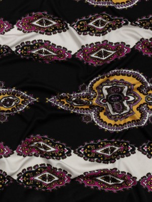 Pink, Purple and Black Paisley Stripes with Geometric Borders Printed Silk Jersey Pink, Purple and Black Paisley Stripes with Geometric Borders Printed Silk Jersey