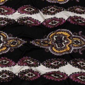 Pink, Purple and Black Paisley Stripes with Geometric Borders Printed Silk Jersey Pink, Purple and Black Paisley Stripes with Geometric Borders Printed Silk Jersey