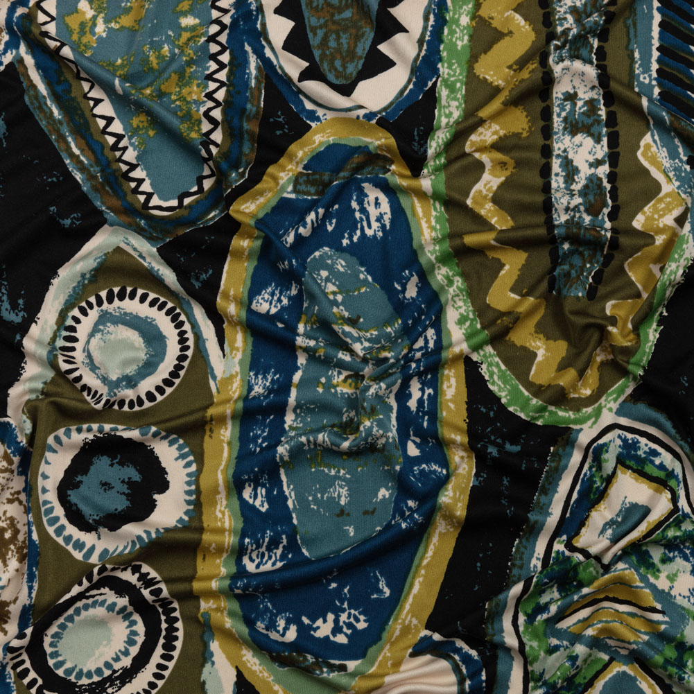 Blue, Olive and Black Abstract Maps Silk Jersey Blue, Olive and Black Abstract Maps Silk Jersey