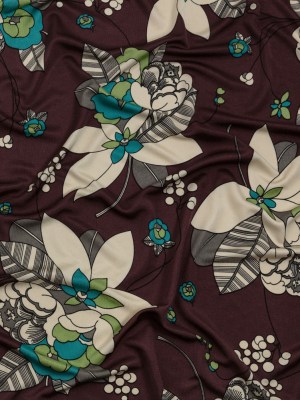 Chocolate, Teal and Cream Floral Silk Jersey Chocolate, Teal and Cream Floral Silk Jersey