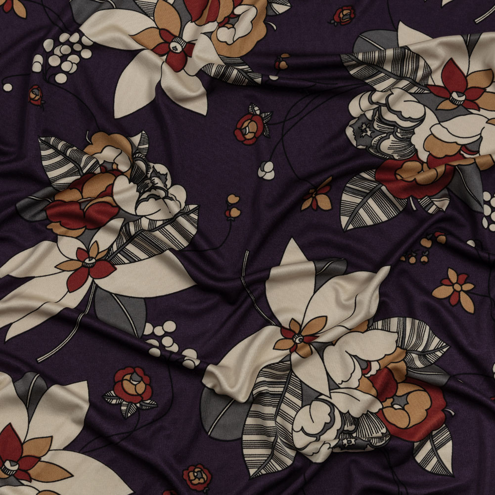 Purple, Rust and Cream Floral Silk Jersey Purple, Rust and Cream Floral Silk Jersey