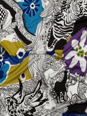 Blue, Golden Olive and Black Flowers and Animal Sketches Silk Jersey Blue, Golden Olive and Black Flowers and Animal Sketches Silk Jersey