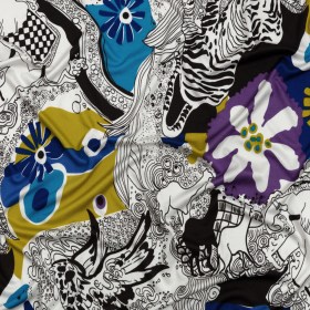 Blue, Golden Olive and Black Flowers and Animal Sketches Silk Jersey Blue, Golden Olive and Black Flowers and Animal Sketches Silk Jersey
