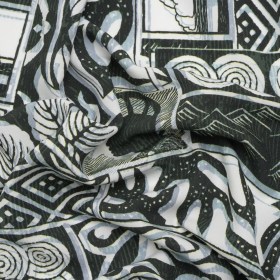 Viscose Woven Print – Black, White and Pale Blue Leaf and Geometric Patchwork – Mood Exclusive Mahiole of Maui Viscose Woven Print – Black, White and Pale Blue Leaf and Geometric Patchwork – Mood Exclusive Mahiole of Maui