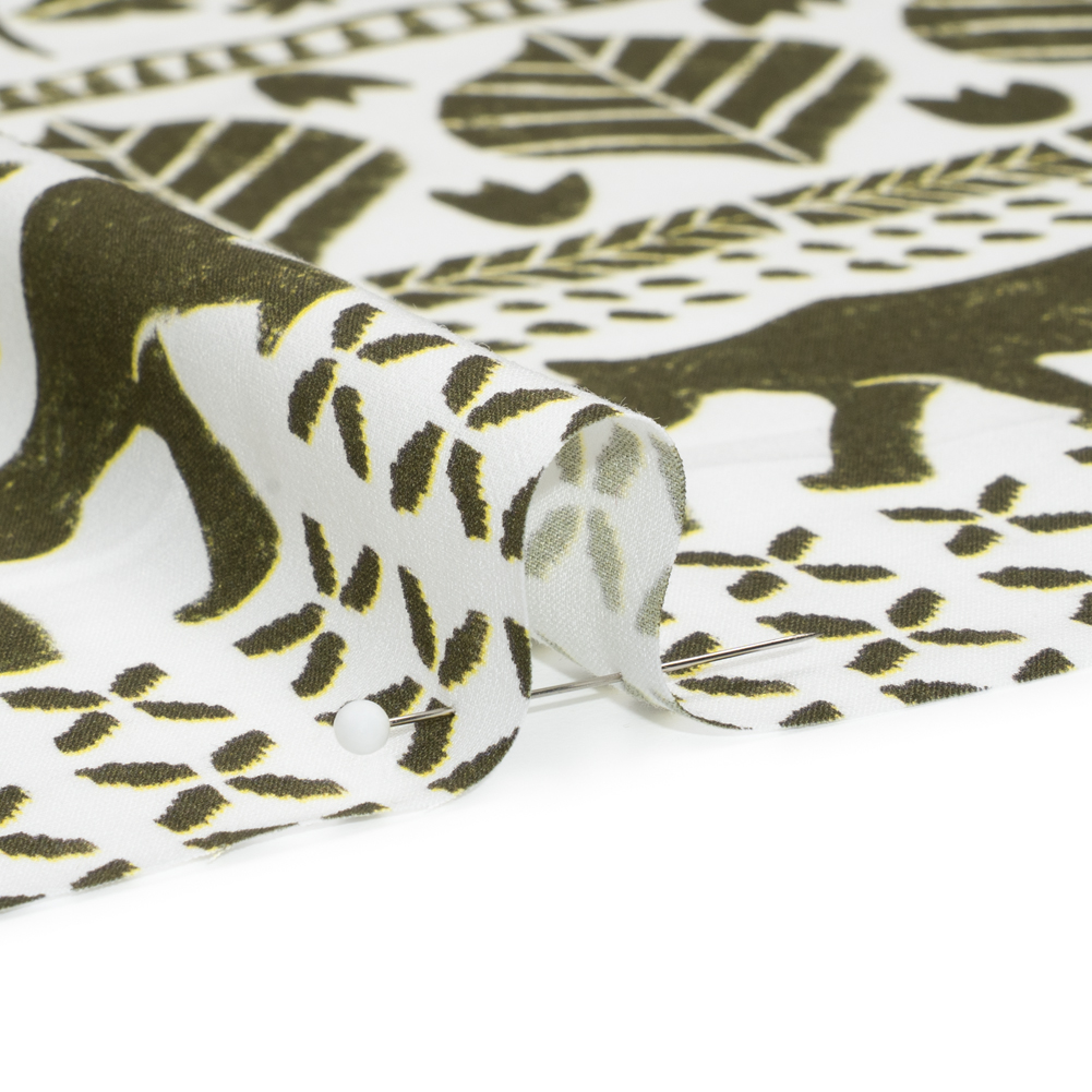 Viscose Woven Print - Olive Green and White Animal, Leaf, and Geometric Stripes - Mood Exclusive Puma Pounce