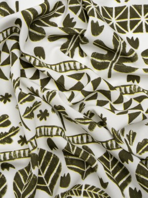 Viscose Woven Print – Olive Green and White Animal, Leaf, and Geometric Stripes – Mood Exclusive Puma Pounce Viscose Woven Print – Olive Green and White Animal, Leaf, and Geometric Stripes – Mood Exclusive Puma Pounce