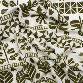 Viscose Woven Print – Olive Green and White Animal, Leaf, and Geometric Stripes – Mood Exclusive Puma Pounce Viscose Woven Print – Olive Green and White Animal, Leaf, and Geometric Stripes – Mood Exclusive Puma Pounce