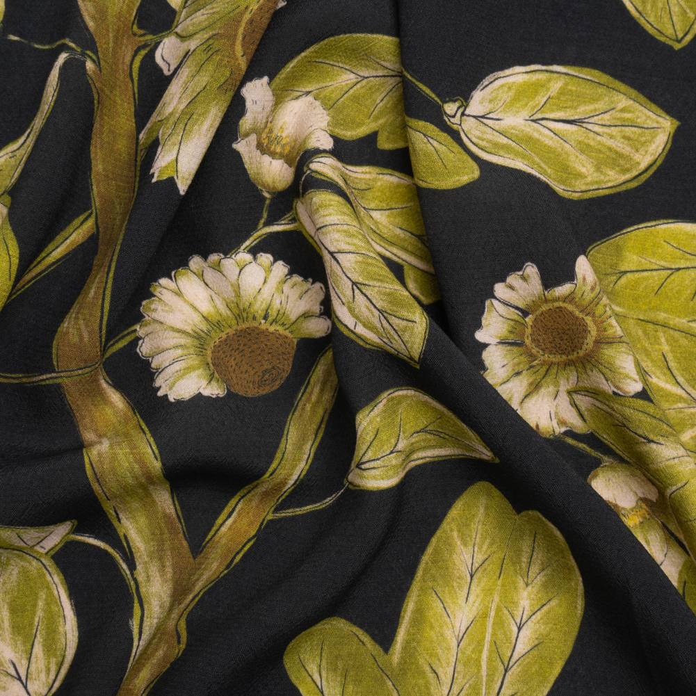 Sustainable Viscose Crepe Print – Black and Leaf Green Floral – Mood Exclusive Dolomite Daisies Sustainable Viscose Crepe Print – Black and Leaf Green Floral – Mood Exclusive Dolomite Daisies