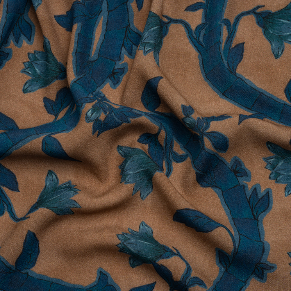 Sustainable Viscose Crepe Print – Blue and Brown Floral Ogee Lattice – Mood Exclusive Intertwined Vines Sustainable Viscose Crepe Print – Blue and Brown Floral Ogee Lattice – Mood Exclusive Intertwined Vines