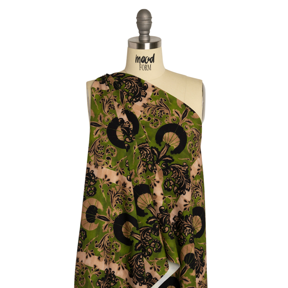 Stretch Polyester Woven Print – Green and Beige Leafy Stripes – Mood Exclusive Estate on Willow Stretch Polyester Woven Print – Green and Beige Leafy Stripes – Mood Exclusive Estate on Willow