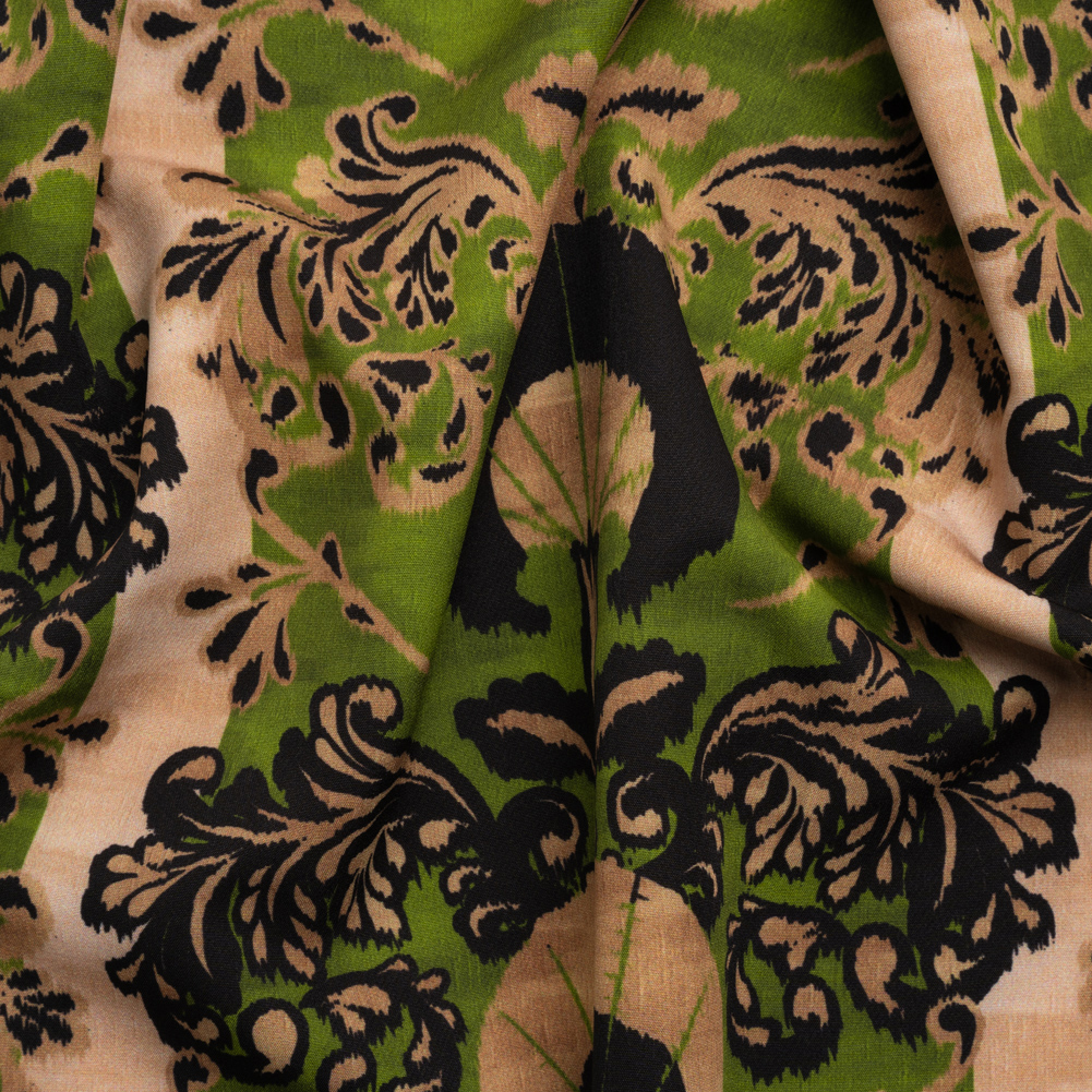 Stretch Polyester Woven Print - Green and Beige Leafy Stripes - Mood Exclusive Estate on Willow