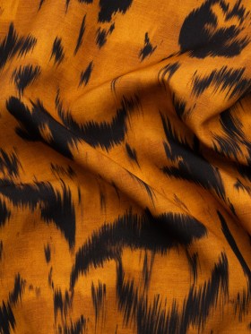 Stretch Polyester Woven Print – Burnt Orange Floral Ikat – Mood Exclusive Flowers and Felines Stretch Polyester Woven Print – Burnt Orange Floral Ikat – Mood Exclusive Flowers and Felines