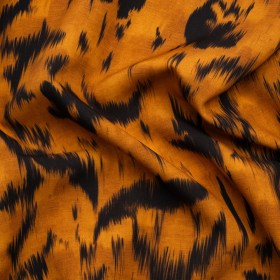 Stretch Polyester Woven Print – Burnt Orange Floral Ikat – Mood Exclusive Flowers and Felines Stretch Polyester Woven Print – Burnt Orange Floral Ikat – Mood Exclusive Flowers and Felines