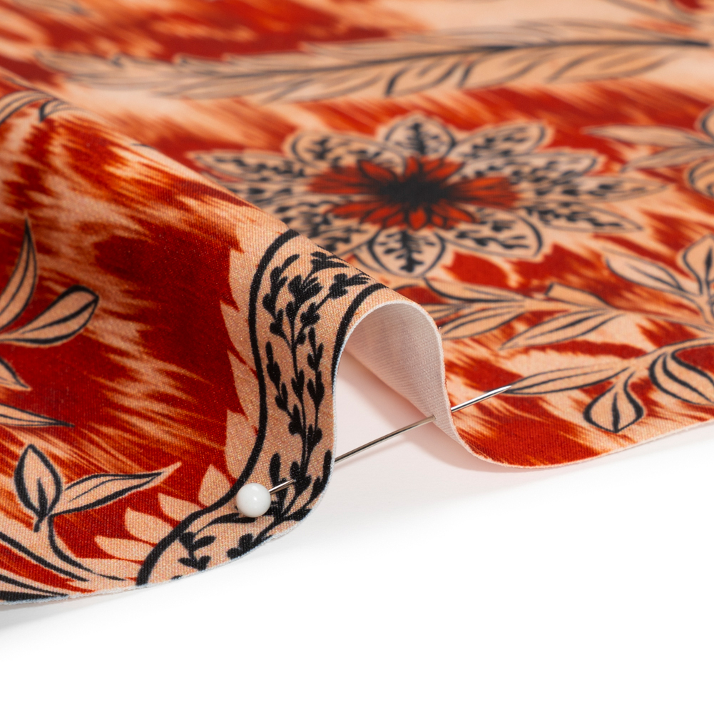 Stretch Polyester Woven Print - Red Florals on Abstract Ikat - Mood Exclusive Rambling Brambles