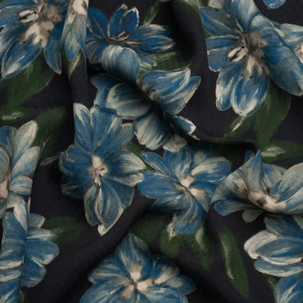 Sustainable Viscose Floral Jacquard Print – Blue and Black Floral – Mood Exclusive Midnight at Giverny Sustainable Viscose Floral Jacquard Print – Blue and Black Floral – Mood Exclusive Midnight at Giverny