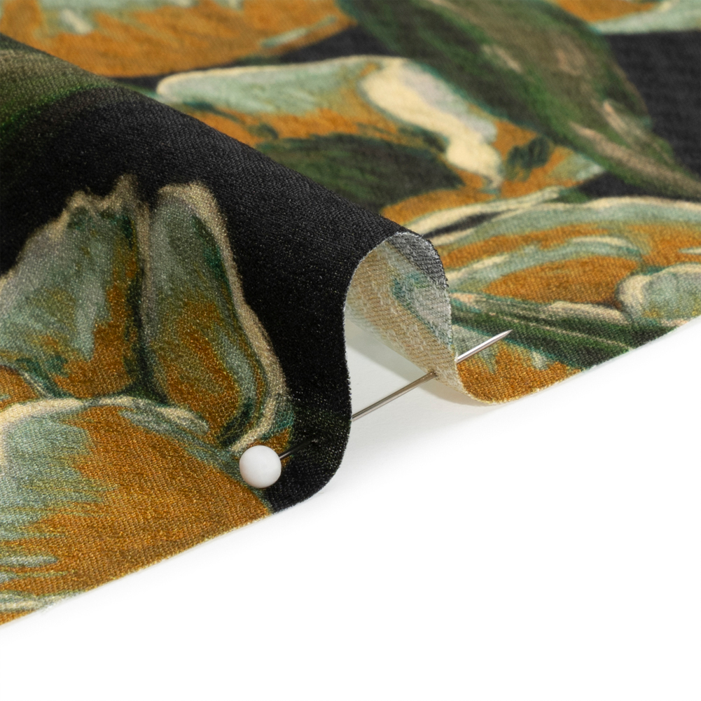 Sustainable Viscose Floral Jacquard Print - Dark Orange, Green and Black Floral - Mood Exclusive Draped in Dawn