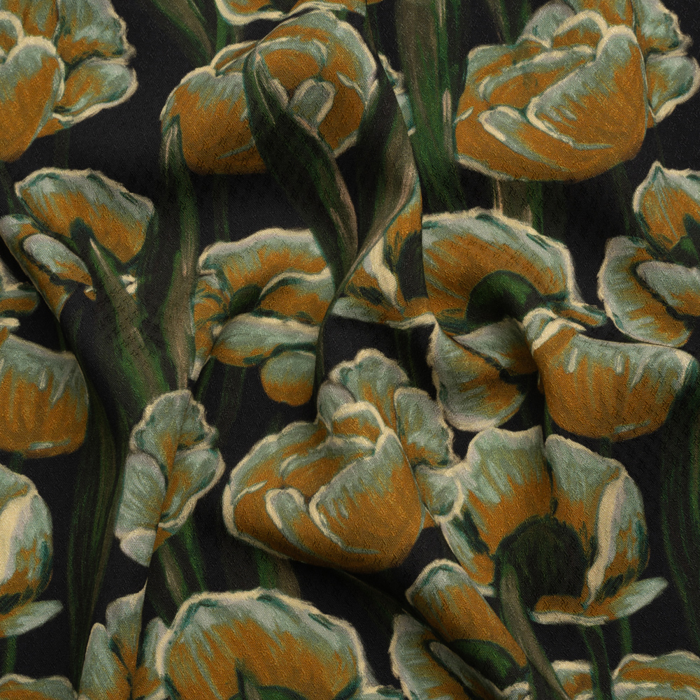 Sustainable Viscose Floral Jacquard Print – Dark Orange, Green and Black Floral – Mood Exclusive Draped in Dawn Sustainable Viscose Floral Jacquard Print – Dark Orange, Green and Black Floral – Mood Exclusive Draped in Dawn