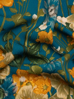 Sustainable Viscose Floral Jacquard Print – Blue, Green and Golden Orange Floral – Mood Exclusive Beautiful Day Sustainable Viscose Floral Jacquard Print – Blue, Green and Golden Orange Floral – Mood Exclusive Beautiful Day