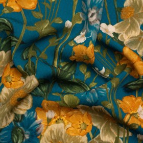 Sustainable Viscose Floral Jacquard Print – Blue, Green and Golden Orange Floral – Mood Exclusive Beautiful Day Sustainable Viscose Floral Jacquard Print – Blue, Green and Golden Orange Floral – Mood Exclusive Beautiful Day