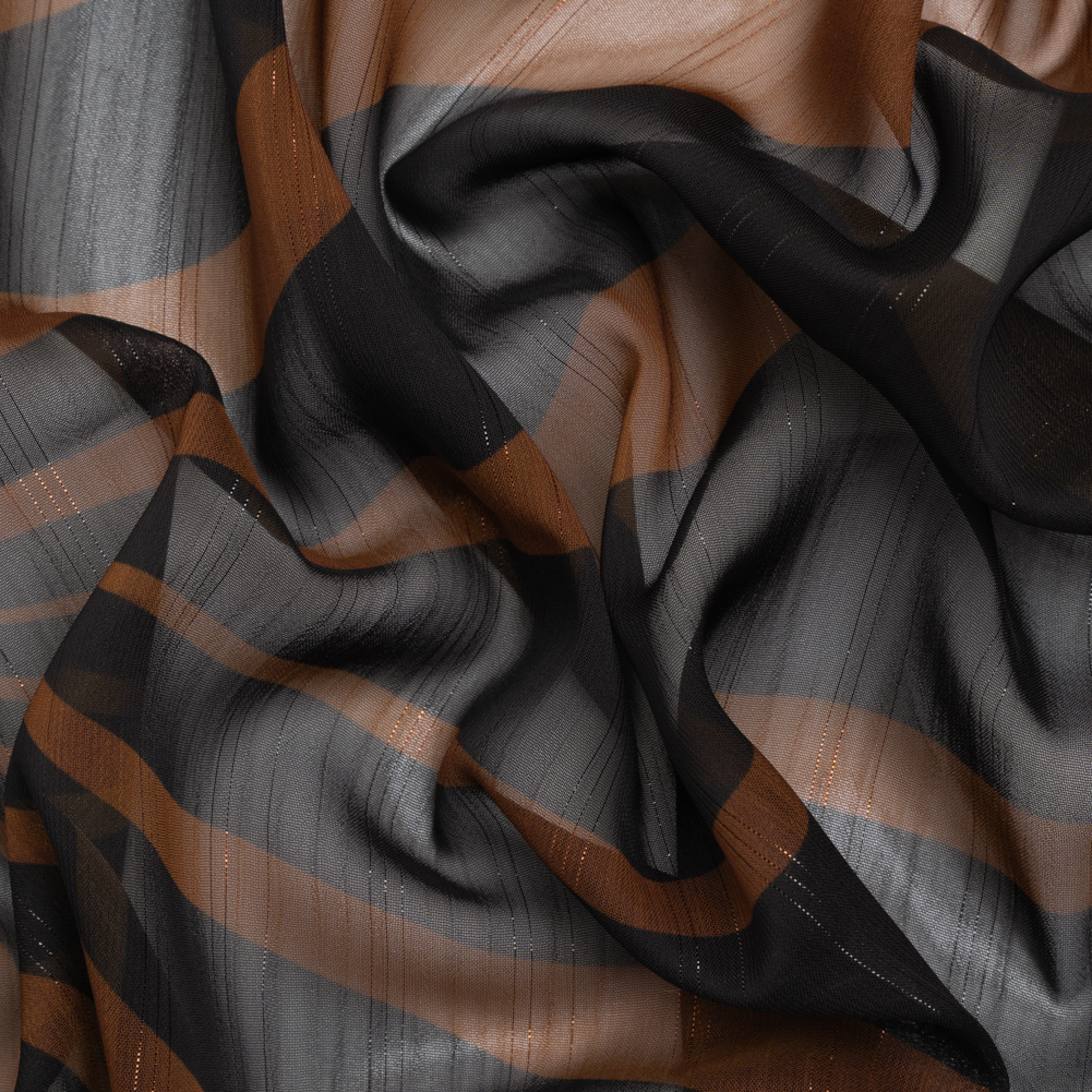 Polyester Chiffon Print with Metallic Pinstripes – Chocolate Brown and Black Abstract – Mood Exclusive Fondue Funhouse Polyester Chiffon Print with Metallic Pinstripes – Chocolate Brown and Black Abstract – Mood Exclusive Fondue Funhouse