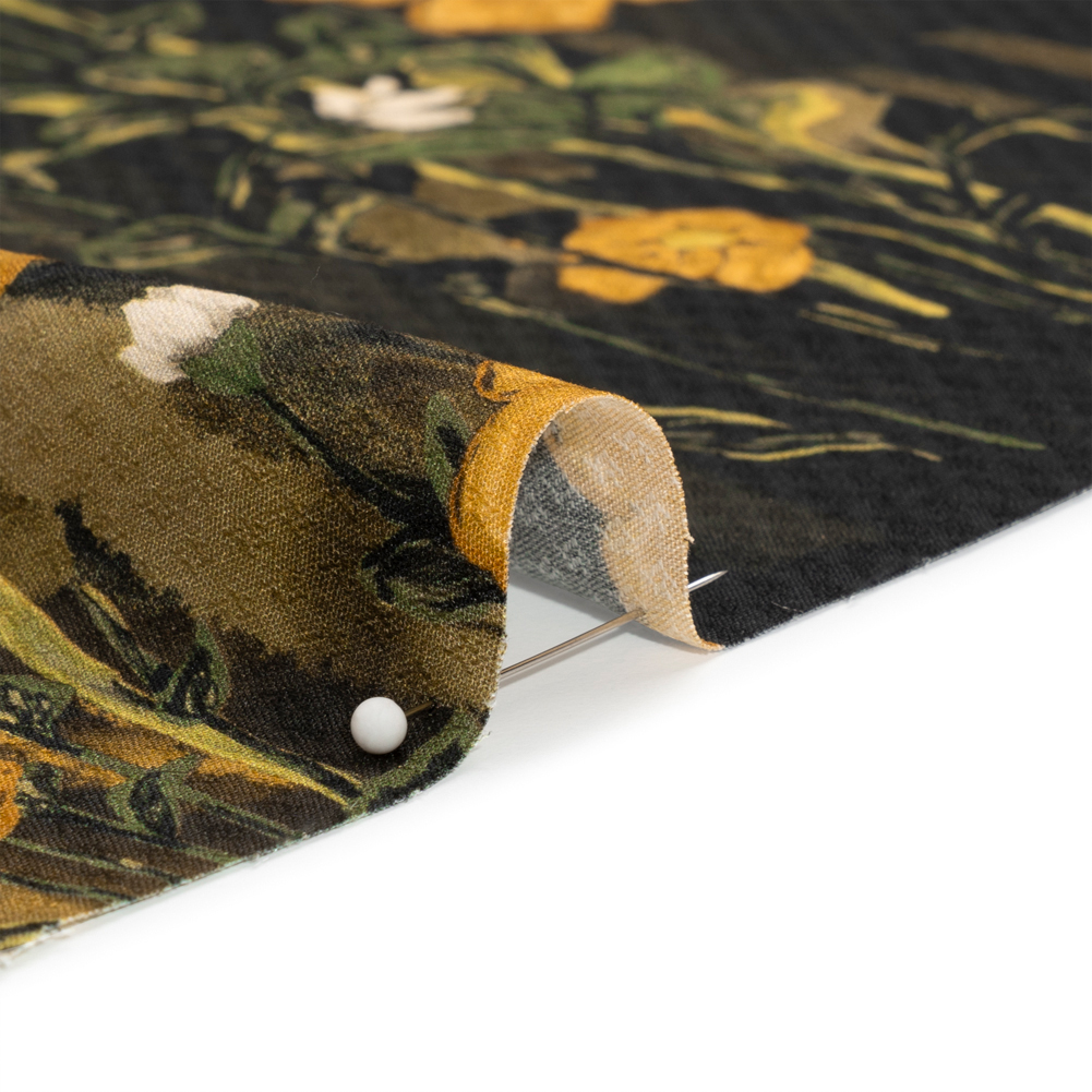 Sustainable Viscose Floral Jacquard Print - Dark Yellow, Olive Green and Black Floral - Mood Exclusive Marsh Song