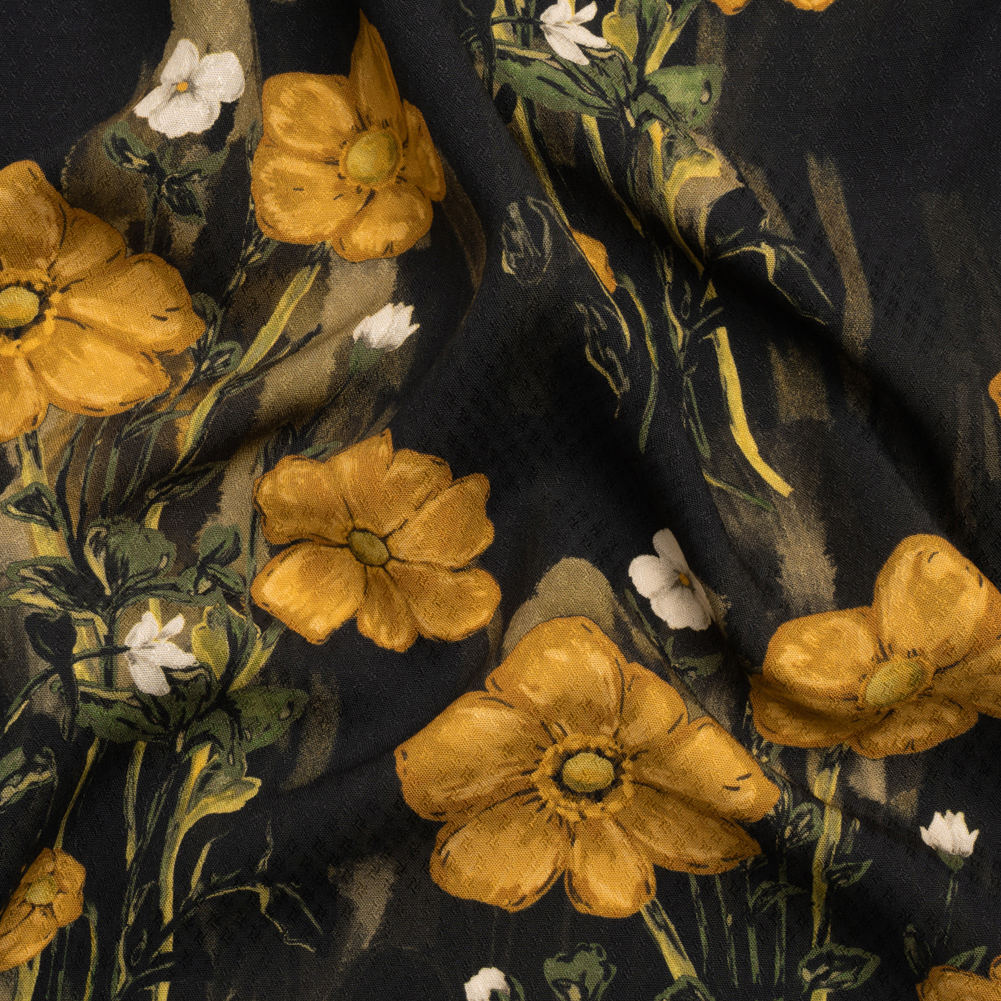 Sustainable Viscose Floral Jacquard Print – Dark Yellow, Olive Green and Black Floral – Mood Exclusive Marsh Song Sustainable Viscose Floral Jacquard Print – Dark Yellow, Olive Green and Black Floral – Mood Exclusive Marsh Song