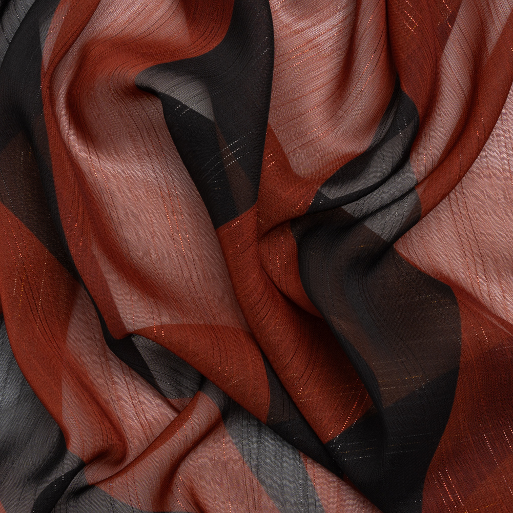 Polyester Chiffon Print with Metallic Pinstripes – Rust Red and Black Abstract – Mood Exclusive Fondue Funhouse Polyester Chiffon Print with Metallic Pinstripes – Rust Red and Black Abstract – Mood Exclusive Fondue Funhouse