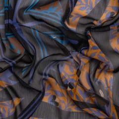 Polyester Chiffon Print with Metallic Pinstripes – Orange, Blue and Black Floral and Geometric – Mood Exclusive Through the Pane Polyester Chiffon Print with Metallic Pinstripes – Orange, Blue and Black Floral and Geometric – Mood Exclusive Through the Pane