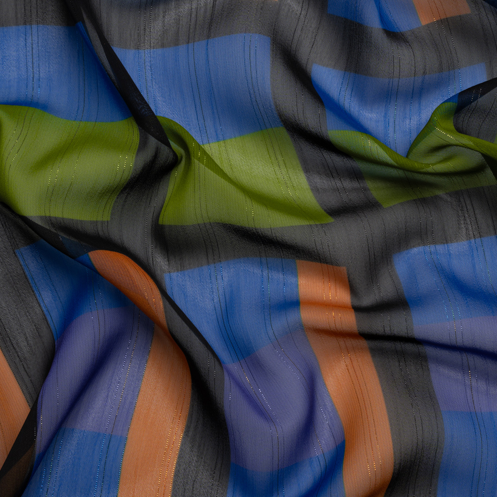 Polyester Chiffon Print with Metallic Pinstripes – Green, Orange and Blue Geometric – Mood Exclusive Through the Window Polyester Chiffon Print with Metallic Pinstripes – Green, Orange and Blue Geometric – Mood Exclusive Through the Window