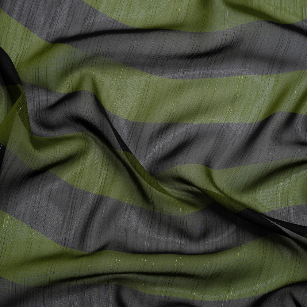 Polyester Chiffon Print with Metallic Pinstripes – Green and Black Wavy Stripes – Mood Exclusive Delray Daze Polyester Chiffon Print with Metallic Pinstripes – Green and Black Wavy Stripes – Mood Exclusive Delray Daze