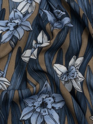 Viscose Crepe Print – Blue and Tan Floral – Mood Exclusive Drenched Daffodils Viscose Crepe Print – Blue and Tan Floral – Mood Exclusive Drenched Daffodils