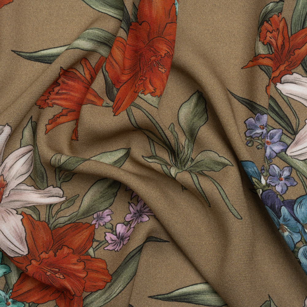 Viscose Crepe Print – Taupe, Red and Blue Floral – Mood Exclusive By the Plenty Viscose Crepe Print – Taupe, Red and Blue Floral – Mood Exclusive By the Plenty