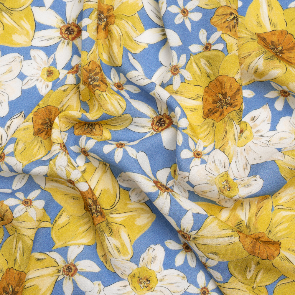 Viscose Crepe Print – Sky Blue, Yellow and White Floral – Mood Exclusive Crisp and Clear Viscose Crepe Print – Sky Blue, Yellow and White Floral – Mood Exclusive Crisp and Clear