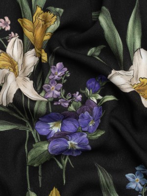 Viscose Crepe Print – Black, Yellow and Violet Floral – Mood Exclusive By the Plenty Viscose Crepe Print – Black, Yellow and Violet Floral – Mood Exclusive By the Plenty