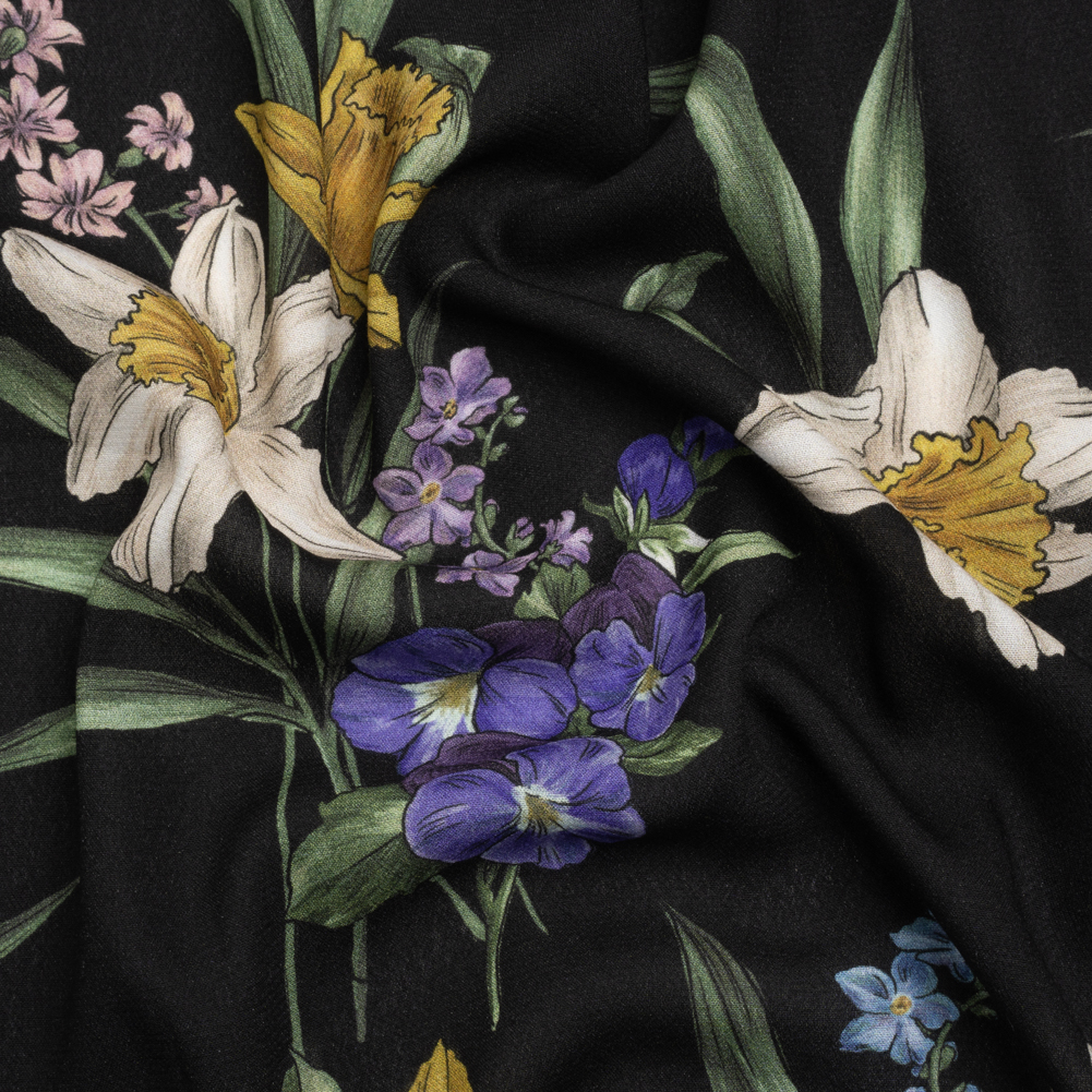 Viscose Crepe Print – Black, Yellow and Violet Floral – Mood Exclusive By the Plenty Viscose Crepe Print – Black, Yellow and Violet Floral – Mood Exclusive By the Plenty