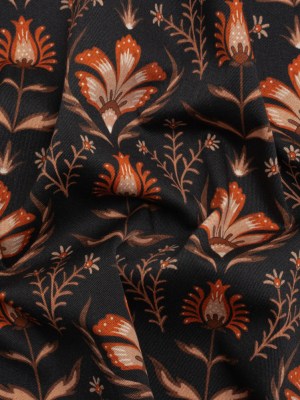 Stretch Cotton Twill – Black and Orange Floral – Watching the Fire Print – Mood Exclusive Rockland Collection Stretch Cotton Twill – Black and Orange Floral – Watching the Fire Print – Mood Exclusive Rockland Collection