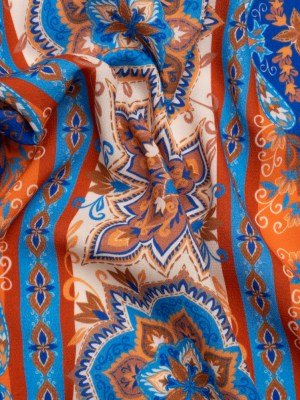Viscose Crepe Print – Blue and Orange Floral Medallion Stripes – Mood Exclusive Happy Hayday Viscose Crepe Print – Blue and Orange Floral Medallion Stripes – Mood Exclusive Happy Hayday