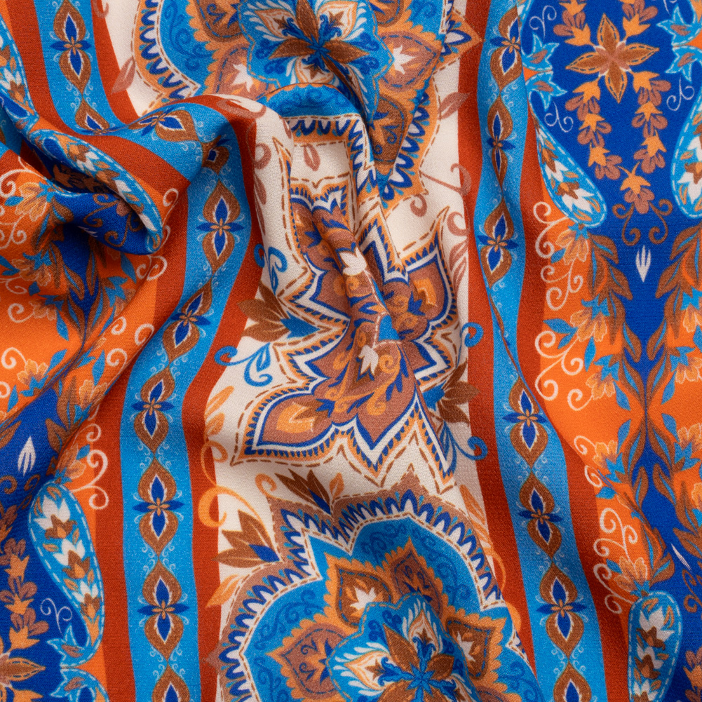 Viscose Crepe Print – Blue and Orange Floral Medallion Stripes – Mood Exclusive Happy Hayday Viscose Crepe Print – Blue and Orange Floral Medallion Stripes – Mood Exclusive Happy Hayday