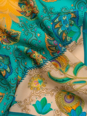 Viscose Crepe Panel – Teal and Golden Orange Fancy Leaves – Mood Exclusive Peacock Gardens Viscose Crepe Panel – Teal and Golden Orange Fancy Leaves – Mood Exclusive Peacock Gardens
