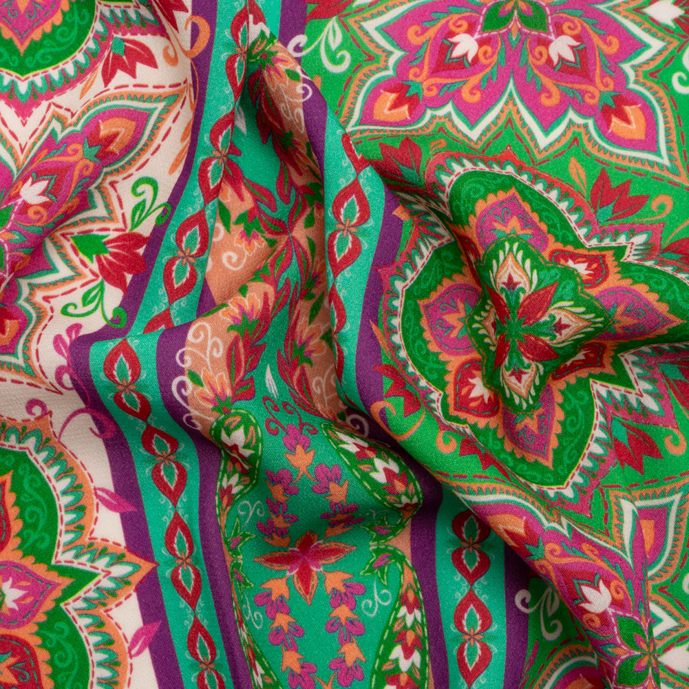 Viscose Crepe Print – Green and Pink Floral Medallion Stripes – Mood Exclusive Happy Hayday Viscose Crepe Print – Green and Pink Floral Medallion Stripes – Mood Exclusive Happy Hayday