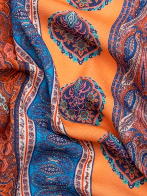 Viscose Crepe Panel – Orange, Blue and Rust Red Decorative Stripes – Mood Exclusive Desert Dance Viscose Crepe Panel – Orange, Blue and Rust Red Decorative Stripes – Mood Exclusive Desert Dance