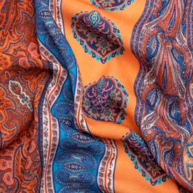 Viscose Crepe Panel – Orange, Blue and Rust Red Decorative Stripes – Mood Exclusive Desert Dance Viscose Crepe Panel – Orange, Blue and Rust Red Decorative Stripes – Mood Exclusive Desert Dance