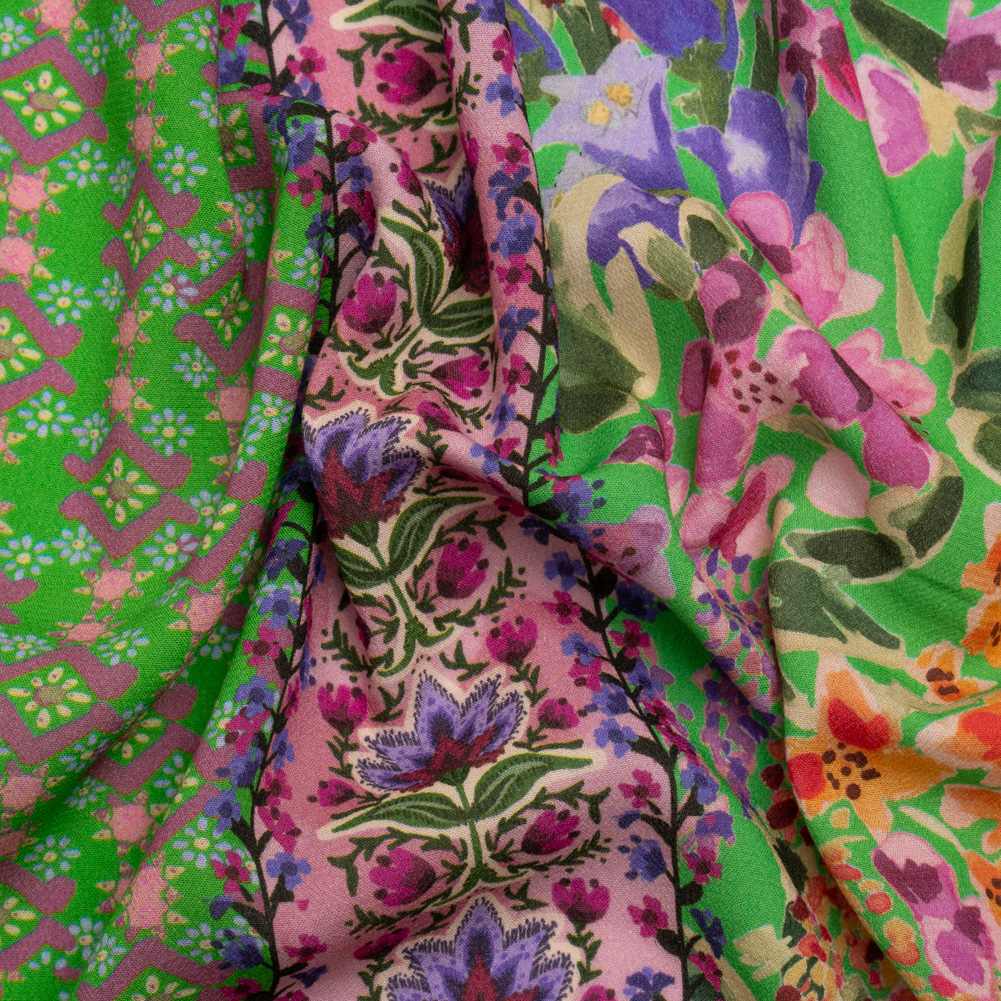 Viscose Crepe Print – Green, Turquoise and Purple Floral and Paisley Stripes – Mood Exclusive April in Patterns Viscose Crepe Print – Green, Turquoise and Purple Floral and Paisley Stripes – Mood Exclusive April in Patterns