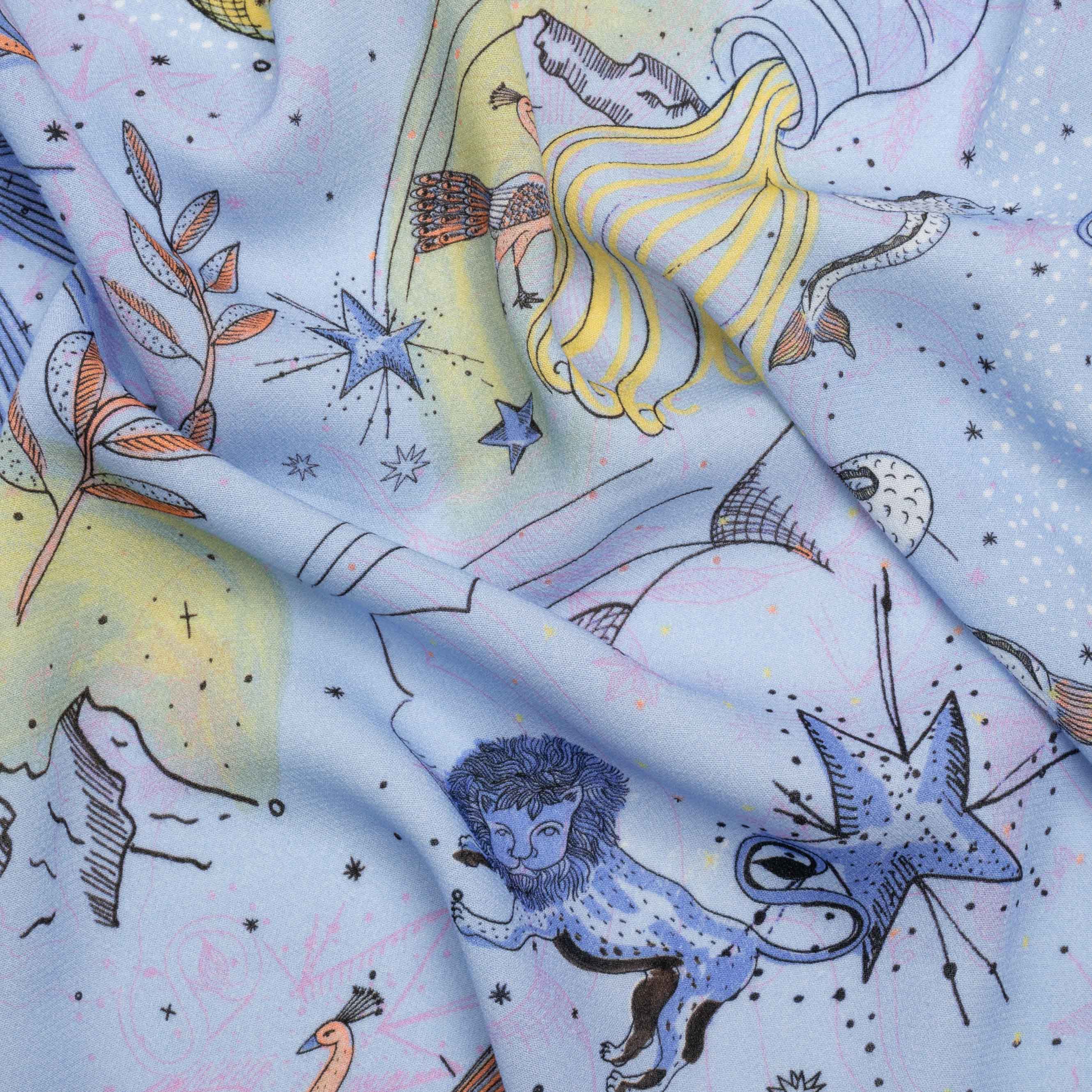 Viscose Crepe Print – Blue and Yellow Celestial Creatures – Mood Exclusive Mythical Me Viscose Crepe Print – Blue and Yellow Celestial Creatures – Mood Exclusive Mythical Me