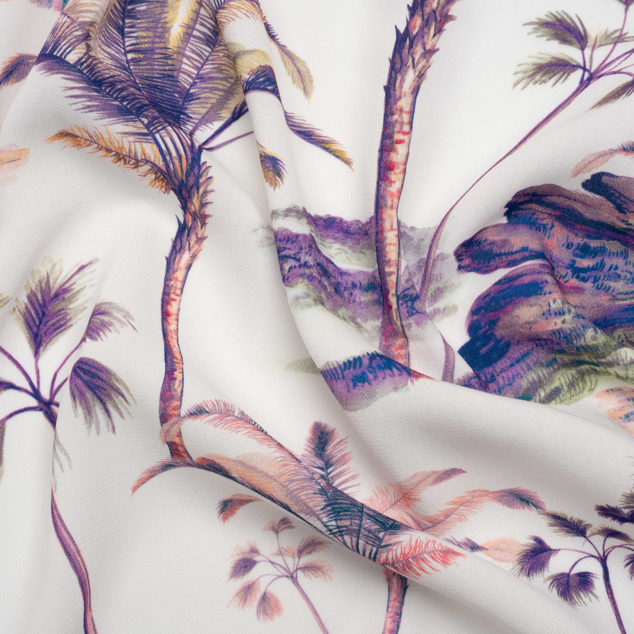 Viscose Crepe Print – Purple, Pink and White Palm Trees – Mood Exclusive Shore Thing Viscose Crepe Print – Purple, Pink and White Palm Trees – Mood Exclusive Shore Thing